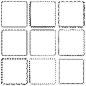 Vector set. Nine square ornamental frames. Black on a white 스톡 일러스트