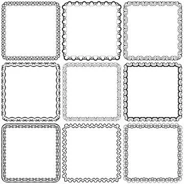 Vector set. Nine square ornamental frames. Black on a white Stock Illustration