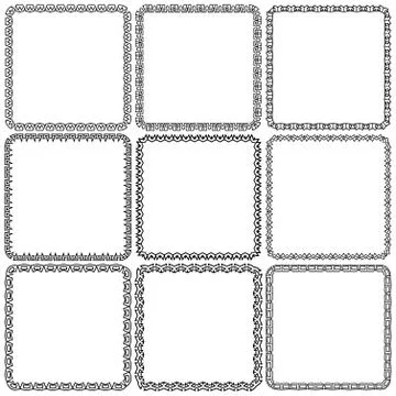 Vector set. Nine square ornamental frames. Black on a white Stock Illustration