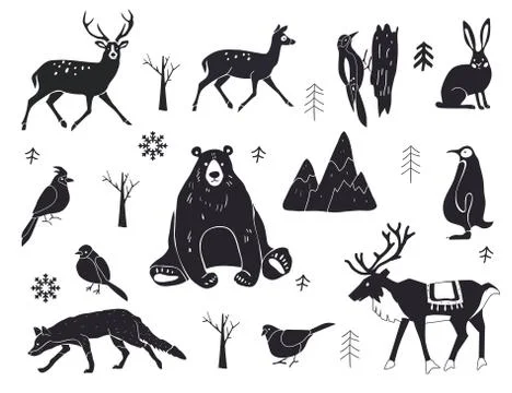 Vector set of northern animals silhouettes. Set of winter animals. Merry Stock Illustration