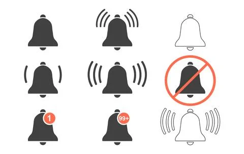 Vector set of notification bell icons in flat and outline styles Stock Illustration