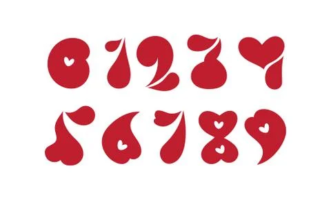 Vector set numbers from zero to nine. Cute Valentine elements. Hand drawn heart Illustrazione stock
