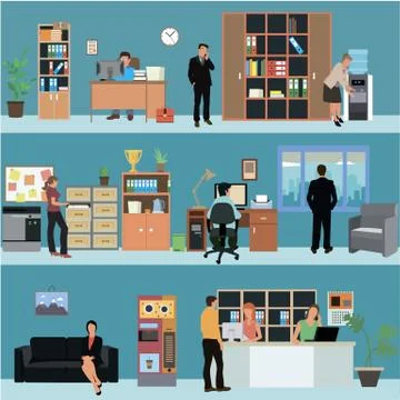 Vector set of office interior banners in flat style design. Business people a Stock Illustration