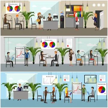 Vector set of office interior banners in flat style design. Business people Stock Illustration