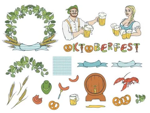 Vector set Oktoberfest. Isolated sketch illustration of man and woman in Stock Illustration