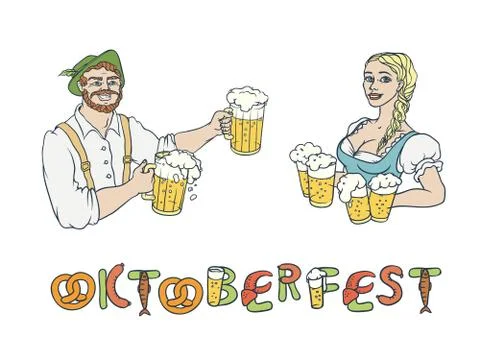 Vector set Oktoberfest. Isolated sketch illustration of man waiter and woman Stock Illustration