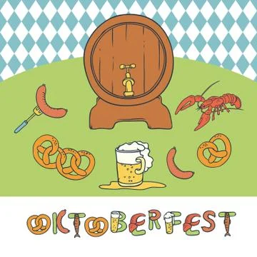 Vector set Oktoberfest. Isolated sketch illustration a mug and a keg of beer Stock Illustration