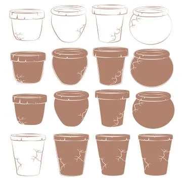 Vector set of old clay pots for flowers. Stock Illustration
