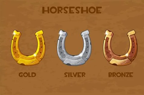 Vector set of old gold, bronze, silver horseshoes. Stock Illustration