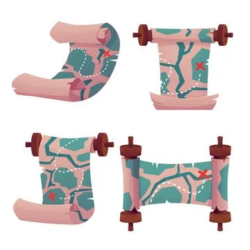 Vector set of old scrolls with landscape treasure maps with marked path. 스톡 일러스트