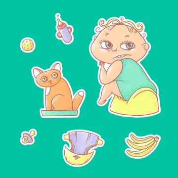 Vector set olor illustrations stickers child sitting on the pot and kitten Stock Illustration
