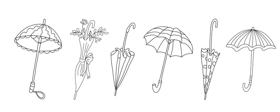 Vector set with open and closed umbrellas in doodle style. Stock Illustration