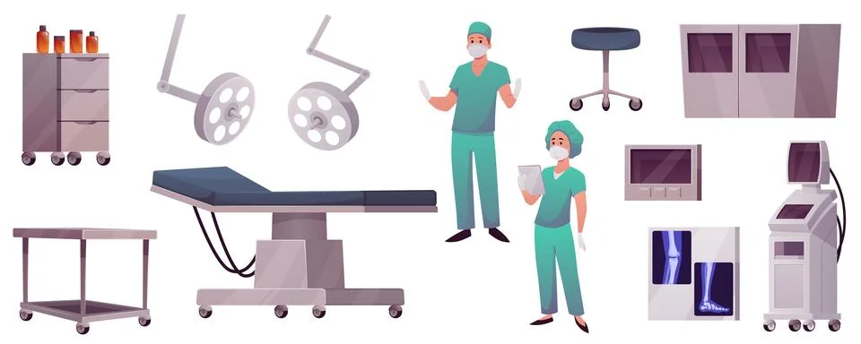 Vector set of operating room equipment, furniture, and medical staff. Stock Illustration