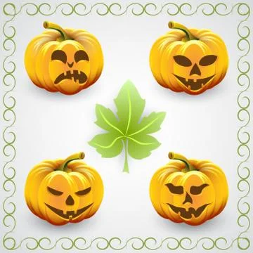 Vector set of  orange halloween pumpkins and leaves Stock Illustration