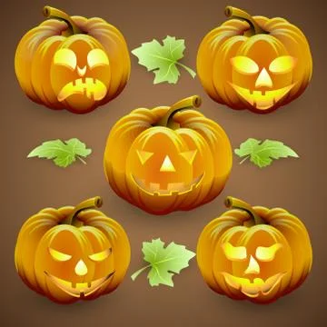 Vector set of  orange halloween pumpkins and leaves Stock Illustration
