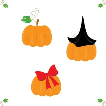 Vector set of orange pumpkins with a leaf in a hat and a bow. Thanksgiving an Stock Illustration