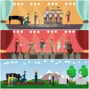 Vector set of orchestra concept flat style posters, banners 스톡 일러스트