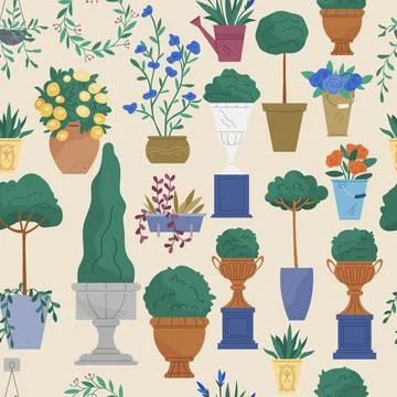 Vector set of outdoor potted plants bushes, trees, flowers. Isolated garden Stock Illustration
