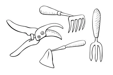 Vector set of outline garden tools: hoes, fork, pruner, pruning shears, doodl Illustrazione stock