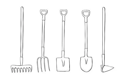 Vector set of outline garden tools: shovel, hoe, rake, pitchfork, in doodle s Illustrazione stock