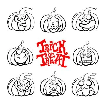 Vector set of outline illustrations of a pumpkins lanterns for Halloween with Stock Illustration