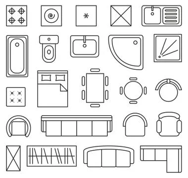 Vector set of outline isolated interior design floor plan objects icons Stock Illustration