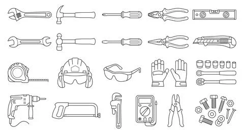 Vector set of outline repair tools, construction equipment, and hardware el.. Illustrazione stock