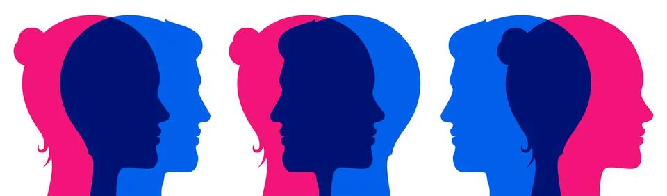Vector set of overlapping man and woman heads, looking at the same and different 库存插图