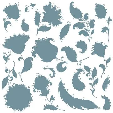 Vector set of paisley floral elements silouettes Stock Illustration