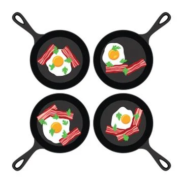 Vector set of pans with fried eggs and bacon Stock Illustration