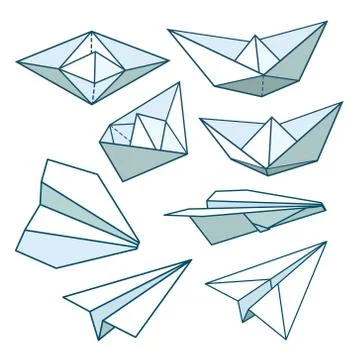Vector set: paper planes and paper ships. Black and white Stock Illustration
