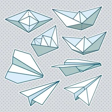 Vector set: paper planes and paper ships. Black and white Stock Illustration