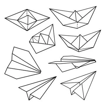 Vector set: paper planes and paper ships. Black and white Stock Illustration