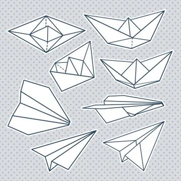 Vector set: paper planes and paper ships. Black and white Stock Illustration
