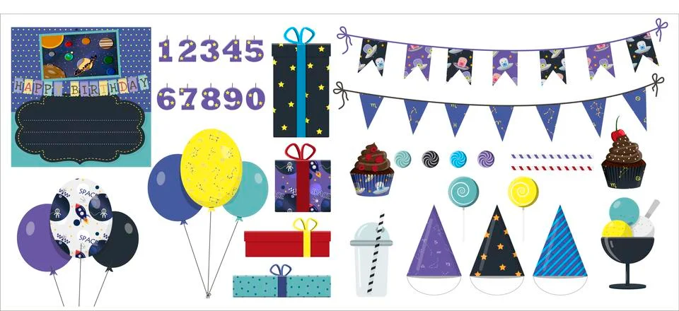 Vector set for a party, birthday with a space theme. Flat design illustration Stock Illustration
