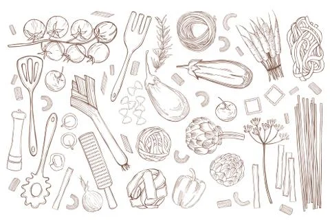 Vector set with   pasta and vegetables Stock Illustration