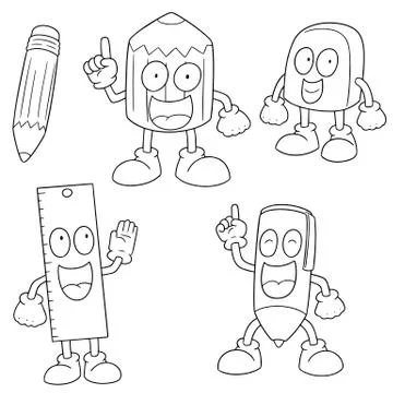 Vector set of pen, pencil, ruler and eraser Stock Illustration