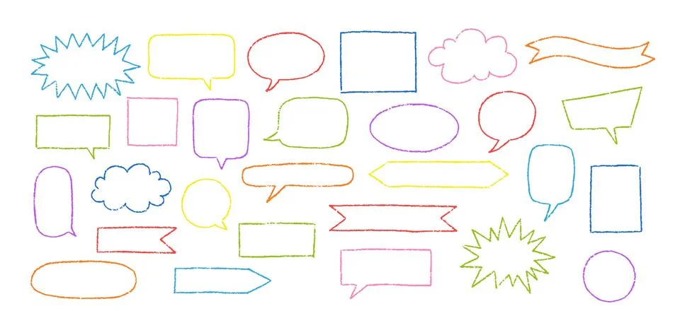 Vector set of pencil drawn speech bubbles of different shapes and colors. Stock Illustration