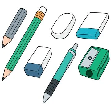 Vector set of pencil, eraser and pencil sharpener Stock Illustration