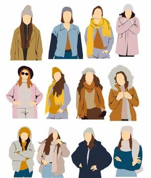 Vector set of people in different poses wearing autumn fashion winter wear vecto Stock Illustration