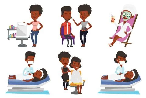 Vector set of people during beauty procedures Stock Illustration