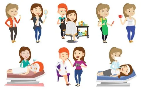 Vector set of people during beauty procedures Stock Illustration
