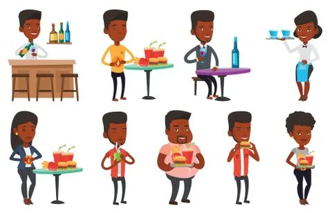 Vector set of people eating and drinking Stock Illustration