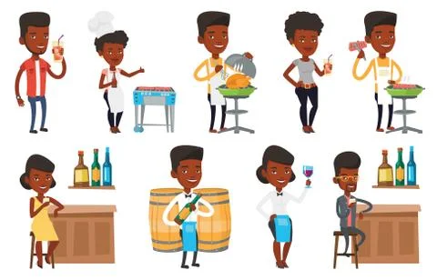 Vector set of people eating and drinking Stock Illustration