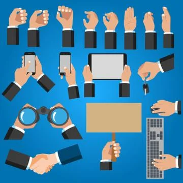 Vector set of people hands holding mobile devices. Isolated. Stock Illustration