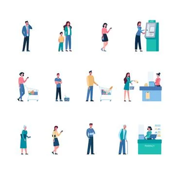 Vector set People keep their distance when they stand in line at the ATM Stock Illustration