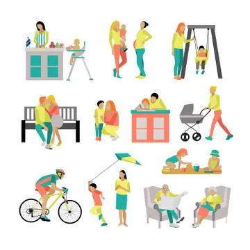 Vector set of people in situations at home and park. Illustration flat style Ilustração Stock