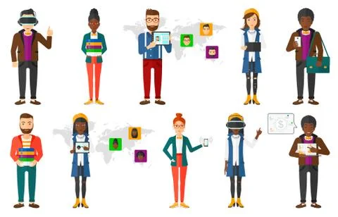 Vector set of people using modern technologies Illustrazione stock