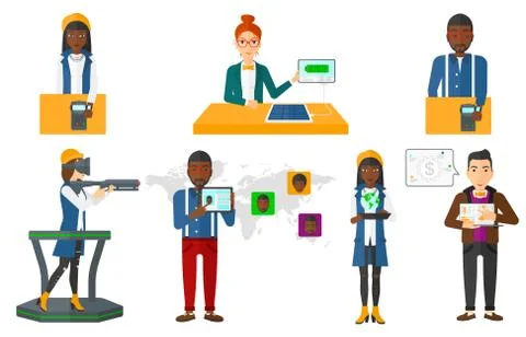 Vector set of people using modern technologies Illustrazione stock