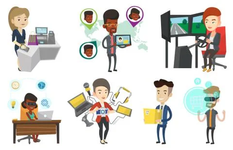Vector set of people using modern technologies. Stock Illustration